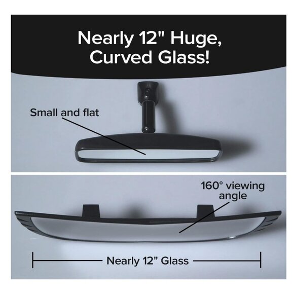 Wide View Rearview Mirror Angel View 12" Curved Reduces Blind Spots Fits Most - Picture 5 of 6